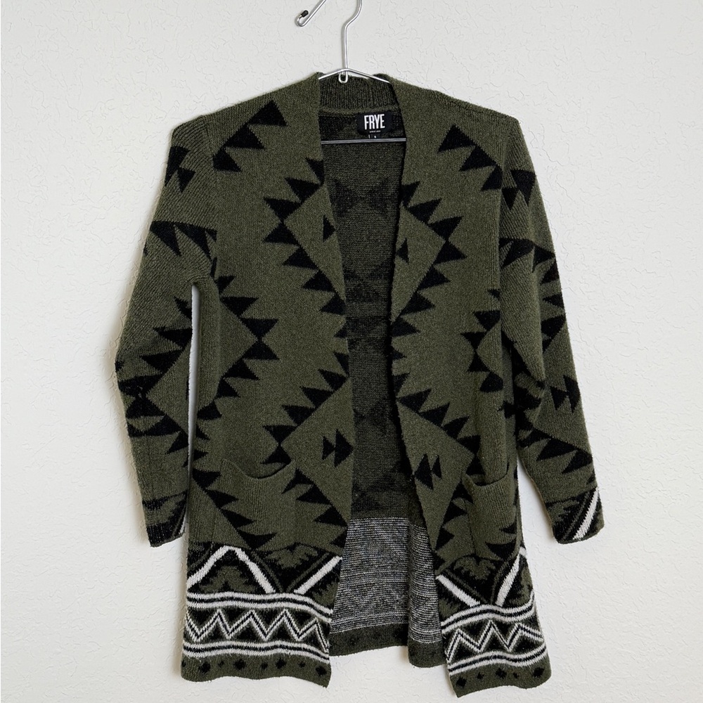Frye Aztec Open Front Cardigan Coatigan Green Black
